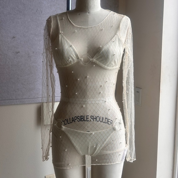 PrettyLittleThing WHITE MESH PEARL DETAIL BEACH DRESS Coverup Festival Sheer - Picture 1 of 6